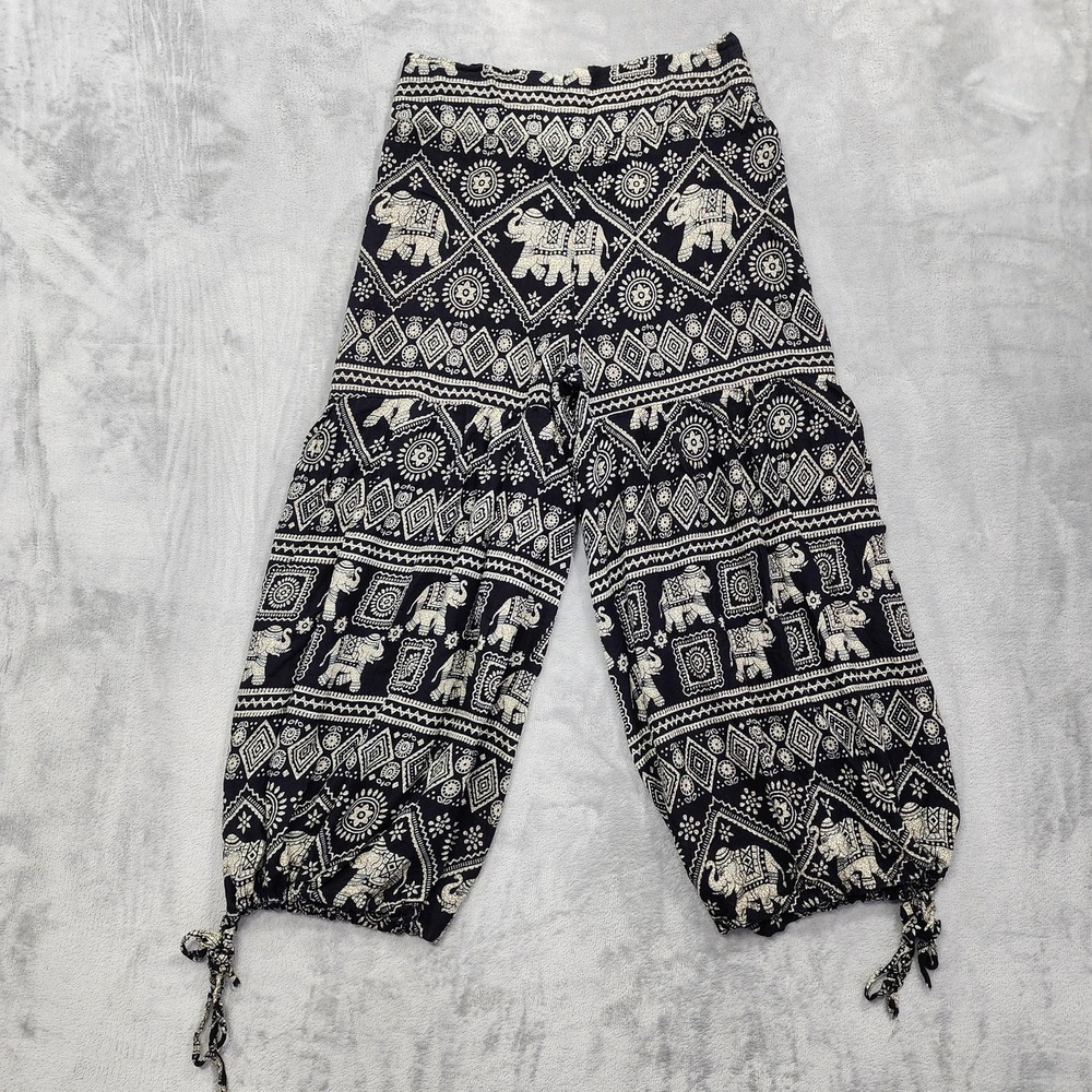 Gypsy Rose Pants Womens One‎ Size Black Elephant Print Harem Crop Boho Rayon